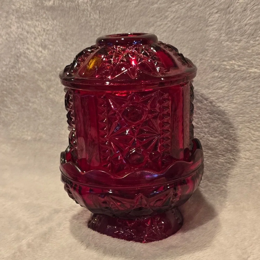 Vintage Indiana Glass Stars and Bars Ruby Flash‎ Red Fairy Lamp Candle Holder